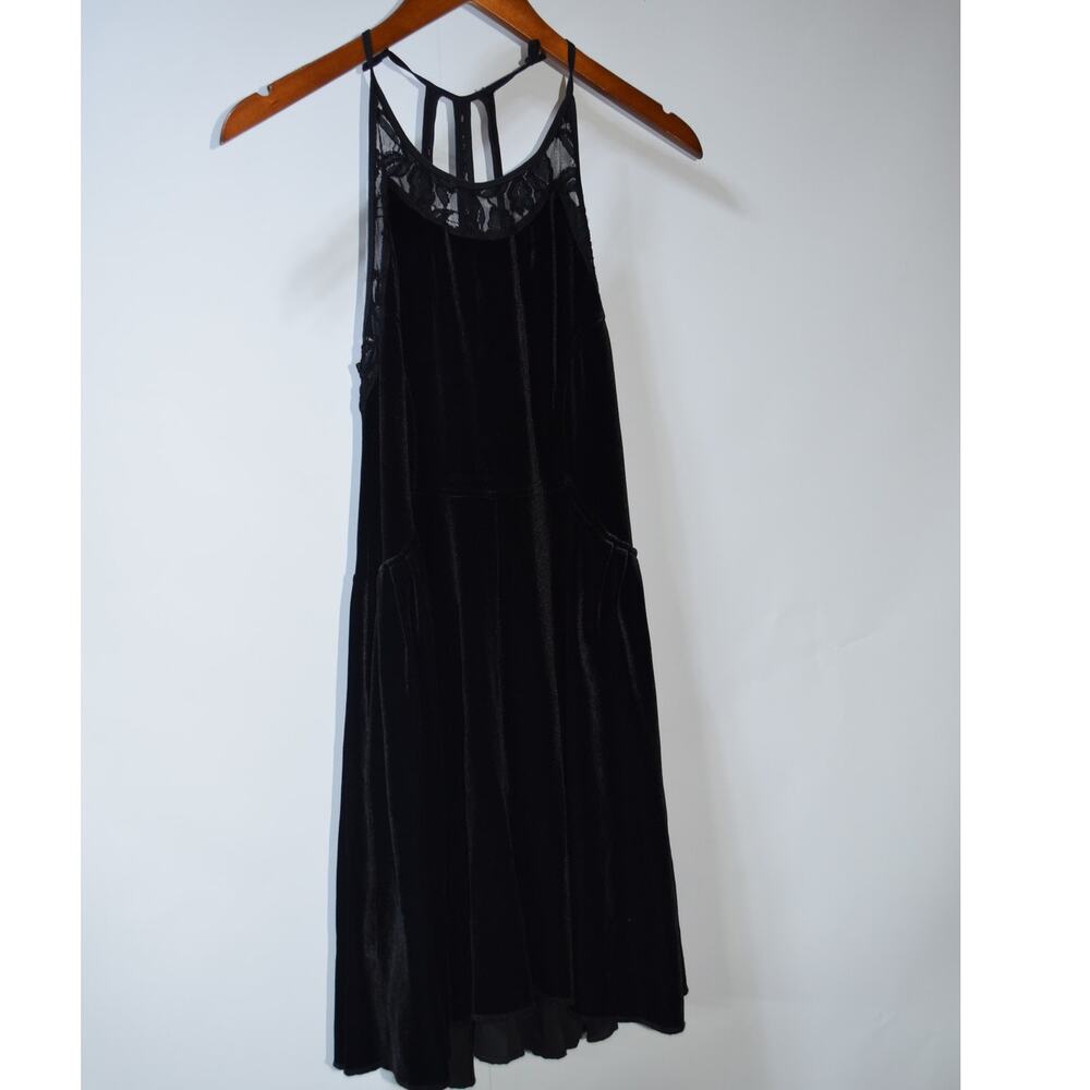 Free People Black Velvet Dress XS Lace Racerback Sleeveless Midi Dress